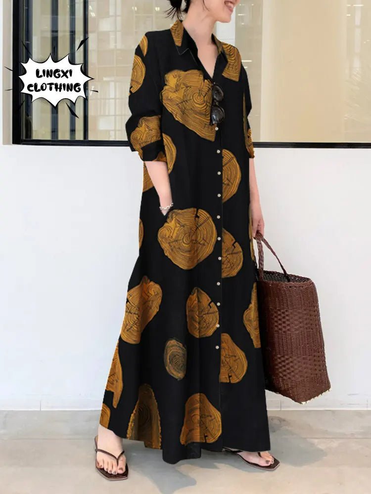 2023 Summer Fashion New Women's Elegant Dress Large Lapel Button Cotton Hemp Print Loose Sun Dress Long Dressblack5XL