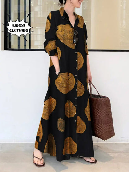 2023 Summer Fashion New Women's Elegant Dress Large Lapel Button Cotton Hemp Print Loose Sun Dress Long Dressblack5XL