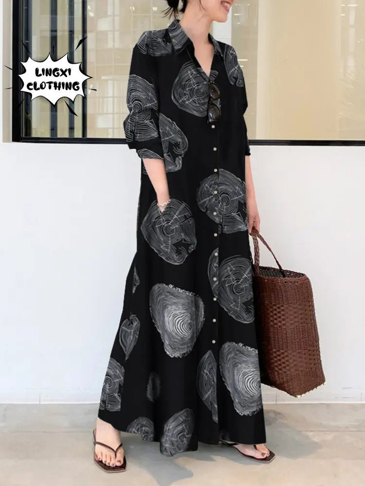 2023 Summer Fashion New Women's Elegant Dress Large Lapel Button Cotton Hemp Print Loose Sun Dress Long Dressblack5XL