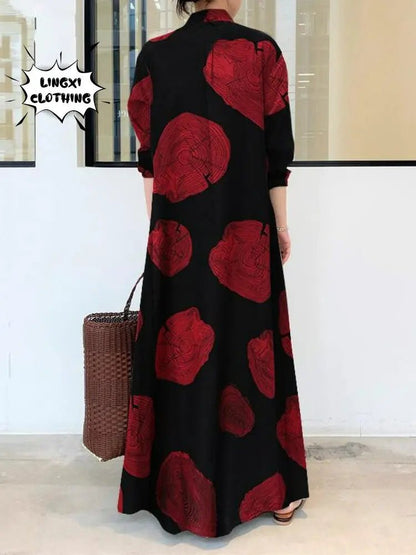 2023 Summer Fashion New Women's Elegant Dress Large Lapel Button Cotton Hemp Print Loose Sun Dress Long Dressblack5XL