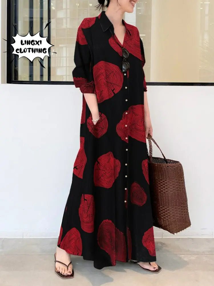 2023 Summer Fashion New Women's Elegant Dress Large Lapel Button Cotton Hemp Print Loose Sun Dress Long Dressblack5XL