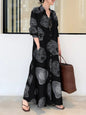 2023 Summer Fashion New Women's Elegant Dress Large Lapel Button Cotton Hemp Print Loose Sun Dress Long Dressblack5XL