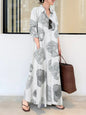 2023 Summer Fashion New Women's Elegant Dress Large Lapel Button Cotton Hemp Print Loose Sun Dress Long DressWHITE5XL