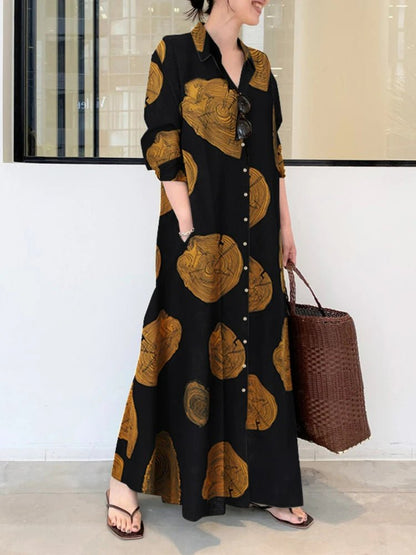 2023 Summer Fashion New Women's Elegant Dress Large Lapel Button Cotton Hemp Print Loose Sun Dress Long DressYellow5XL