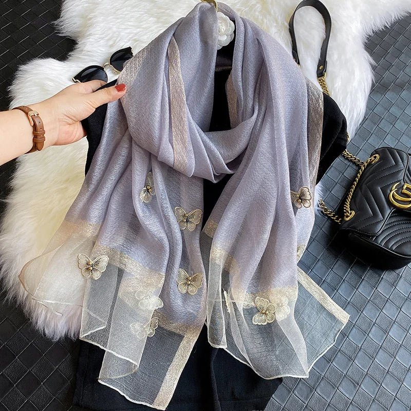 2024 Luxury Silk Shawl Scarf for Women Design Embroidery Flowers Hijab Wraps Bufandas Female Headkerchief Fouloud EcharpeJP025 - 04