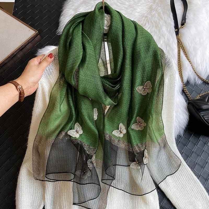 2024 Luxury Silk Shawl Scarf for Women Design Embroidery Flowers Hijab Wraps Bufandas Female Headkerchief Fouloud EcharpeJP025 - 15