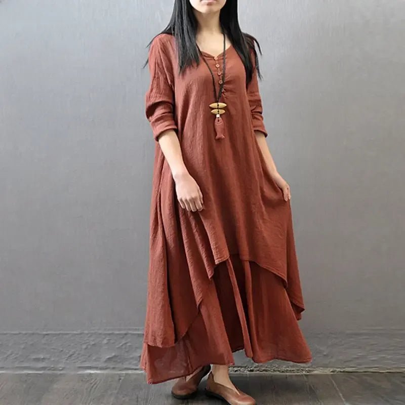 2024 Spring Autumn New Two - piece Illusion Long Dress Artistic Wide Hemming Hemp Dress Loose Fit Long Sleeve Cotton Hemp Skirt5XLBrick Red