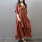 2024 Spring Autumn New Two - piece Illusion Long Dress Artistic Wide Hemming Hemp Dress Loose Fit Long Sleeve Cotton Hemp Skirt5XLBrick Red