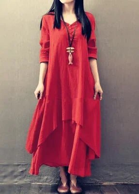 2024 Spring Autumn New Two - piece Illusion Long Dress Artistic Wide Hemming Hemp Dress Loose Fit Long Sleeve Cotton Hemp SkirtXXLBurgundy