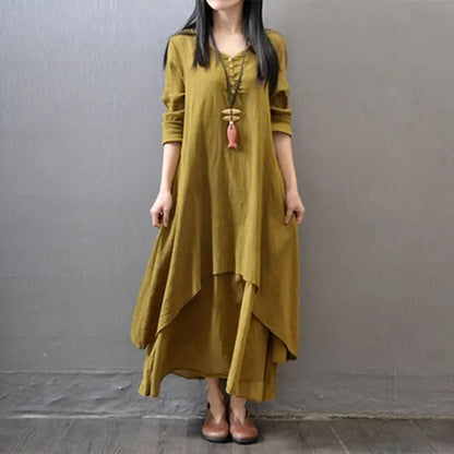 2024 Spring Autumn New Two - piece Illusion Long Dress Artistic Wide Hemming Hemp Dress Loose Fit Long Sleeve Cotton Hemp SkirtXXLGinger yellow