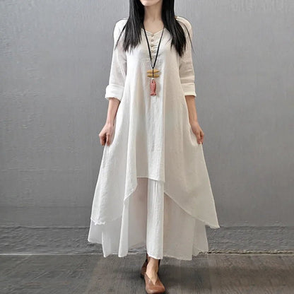 2024 Spring Autumn New Two - piece Illusion Long Dress Artistic Wide Hemming Hemp Dress Loose Fit Long Sleeve Cotton Hemp SkirtXXXLWHITE