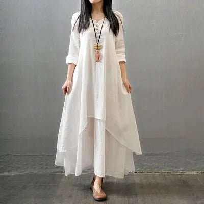 2024 Spring Autumn New Two - piece Illusion Long Dress Artistic Wide Hemming Hemp Dress Loose Fit Long Sleeve Cotton Hemp SkirtXXXLWHITE