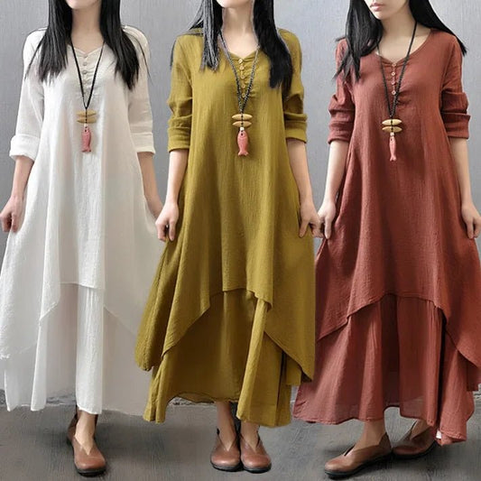 2024 Spring Autumn New Two - piece Illusion Long Dress Artistic Wide Hemming Hemp Dress Loose Fit Long Sleeve Cotton Hemp SkirtXXXLWHITE