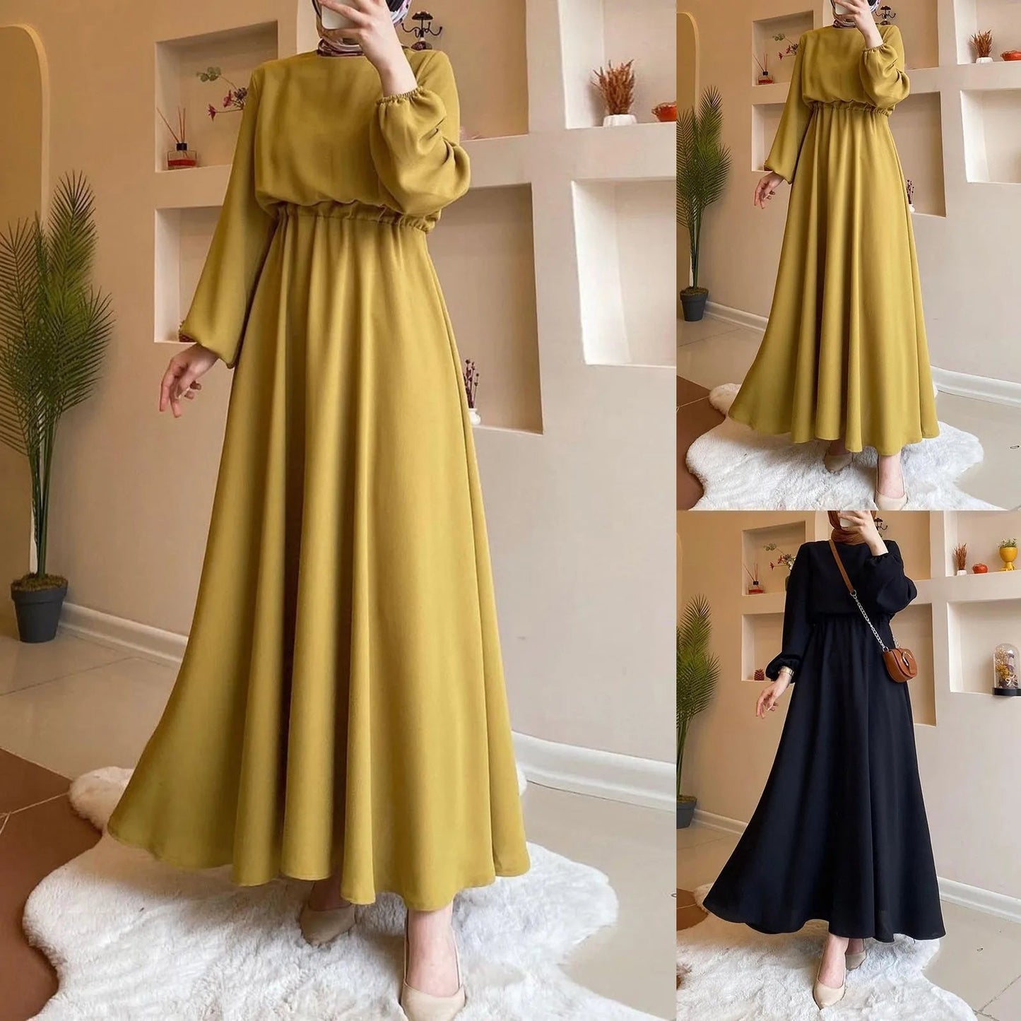 2024 Summer Dress Loose Long Sleeve A - line Skirt RobeBlackSCN