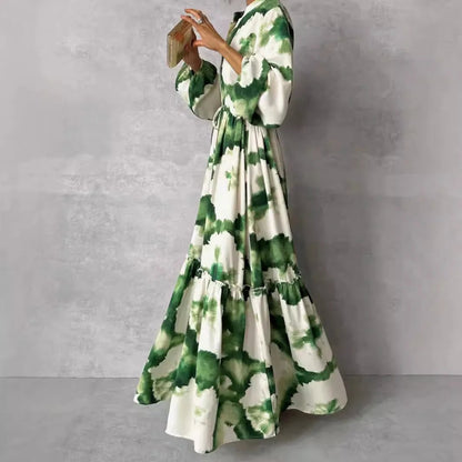 2024 Summer Elegant Women Maxi Dresses Fashion Green Print Long Sleeve V Neck Waist Adjustment Long Dress Female Party VestidoGreen PrintedXXL