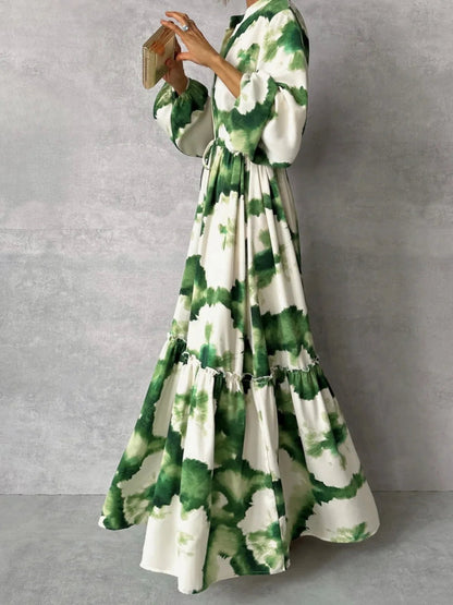 2024 Summer Elegant Women Maxi Dresses Fashion Green Print Long Sleeve V Neck Waist Adjustment Long Dress Female Party VestidoGreen PrintedXXL