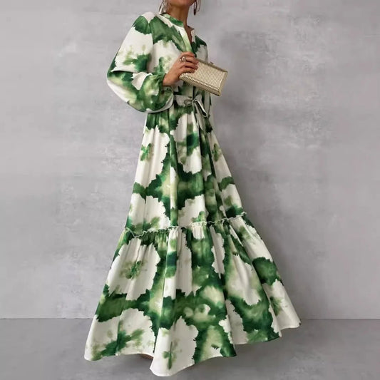 2024 Summer Elegant Women Maxi Dresses Fashion Green Print Long Sleeve V Neck Waist Adjustment Long Dress Female Party VestidoGreen PrintedXXL