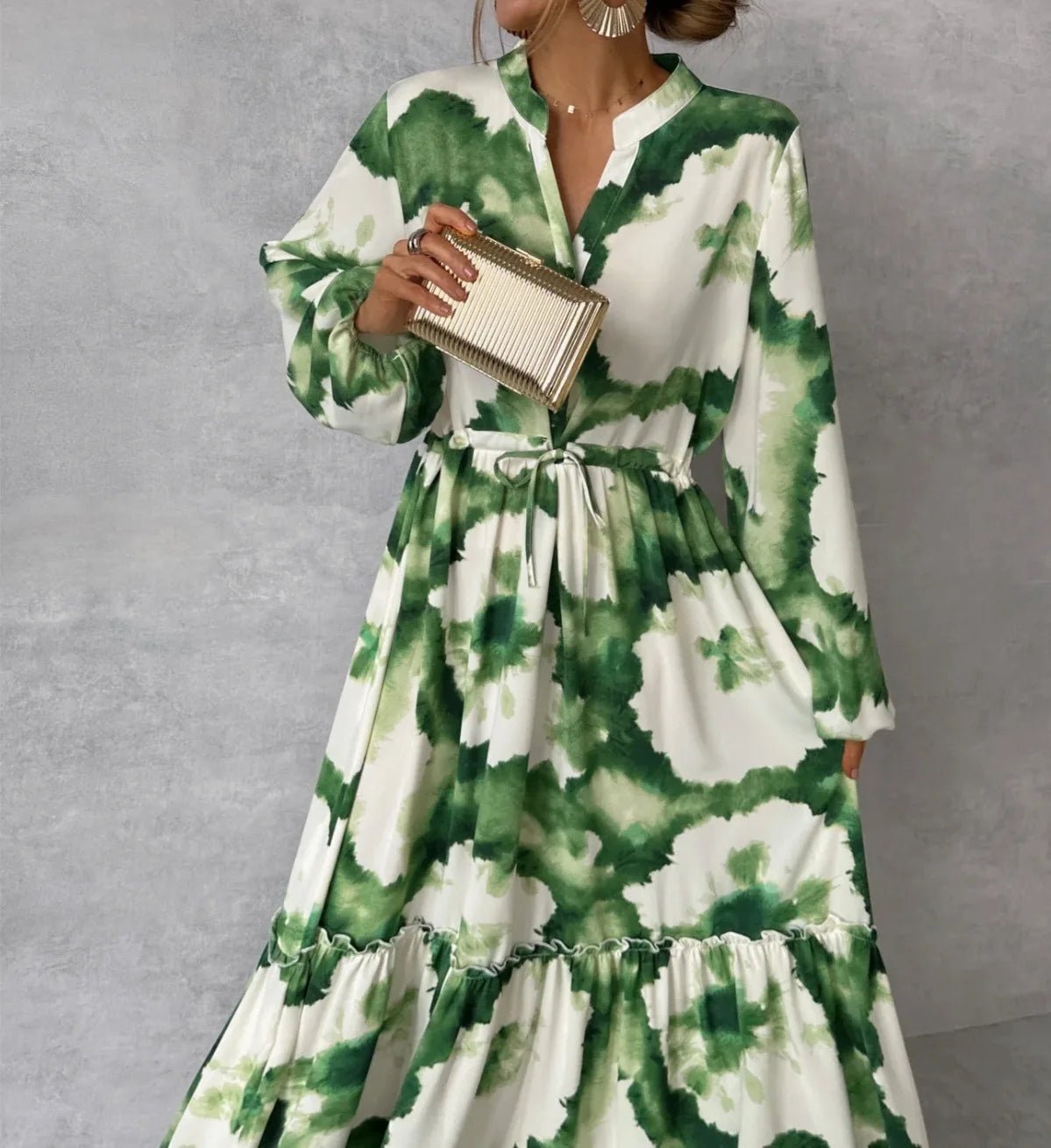 2024 Summer Elegant Women Maxi Dresses Fashion Green Print Long Sleeve V Neck Waist Adjustment Long Dress Female Party VestidoGreen PrintedXXL