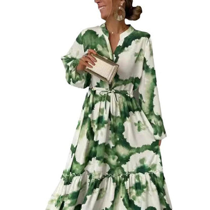 2024 Summer Elegant Women Maxi Dresses Fashion Green Print Long Sleeve V Neck Waist Adjustment Long Dress Female Party VestidoGreen PrintedXXL