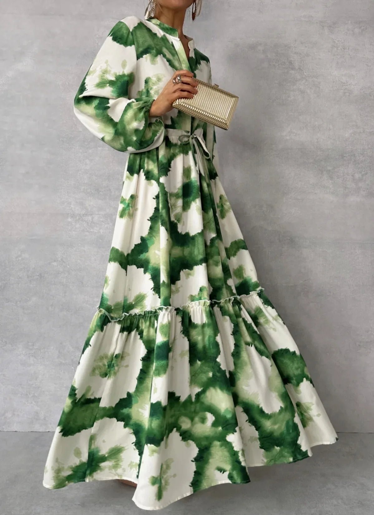 2024 Summer Elegant Women Maxi Dresses Fashion Green Print Long Sleeve V Neck Waist Adjustment Long Dress Female Party VestidoGreen PrintedXXL