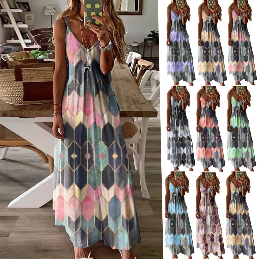 2024Women's Summer Casual Printed Camisole Vest Dress Long DressQZ20210328 - fenseL