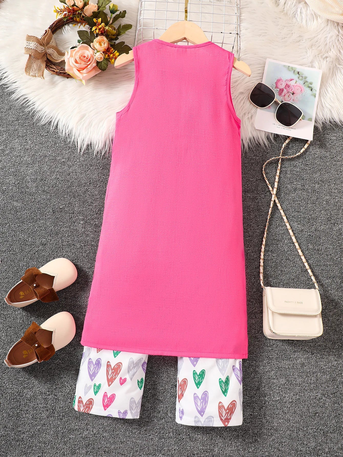 2PCS Spring And Autumn Girls Set Round Neck Sleeveless Heart Bow Jumpsuit Pink Coat Fashion Kidsgreen7Y