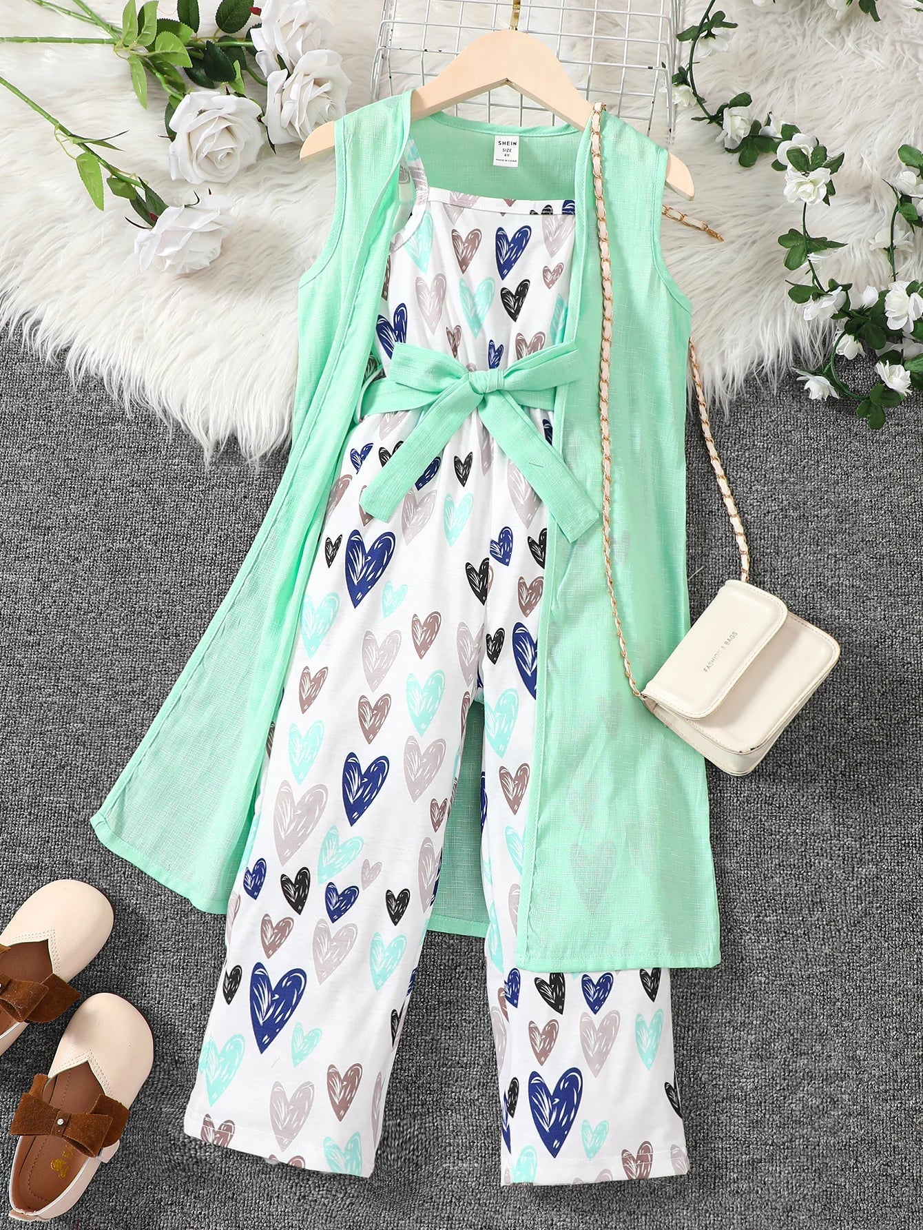 2PCS Spring And Autumn Girls Set Round Neck Sleeveless Heart Bow Jumpsuit Pink Coat Fashion Kidsgreen7Y