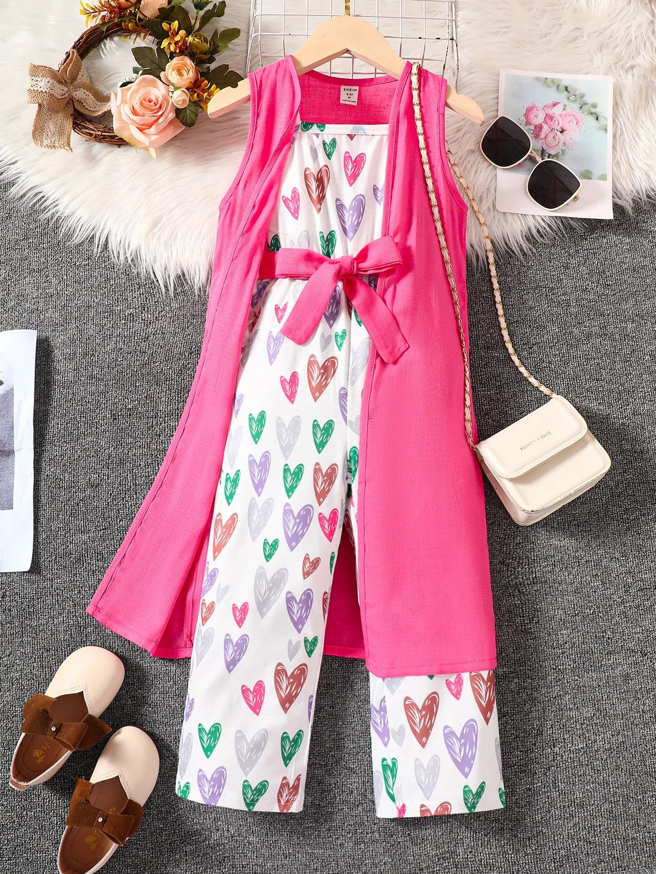 2PCS Spring And Autumn Girls Set Round Neck Sleeveless Heart Bow Jumpsuit Pink Coat Fashion Kidsgreen7Y