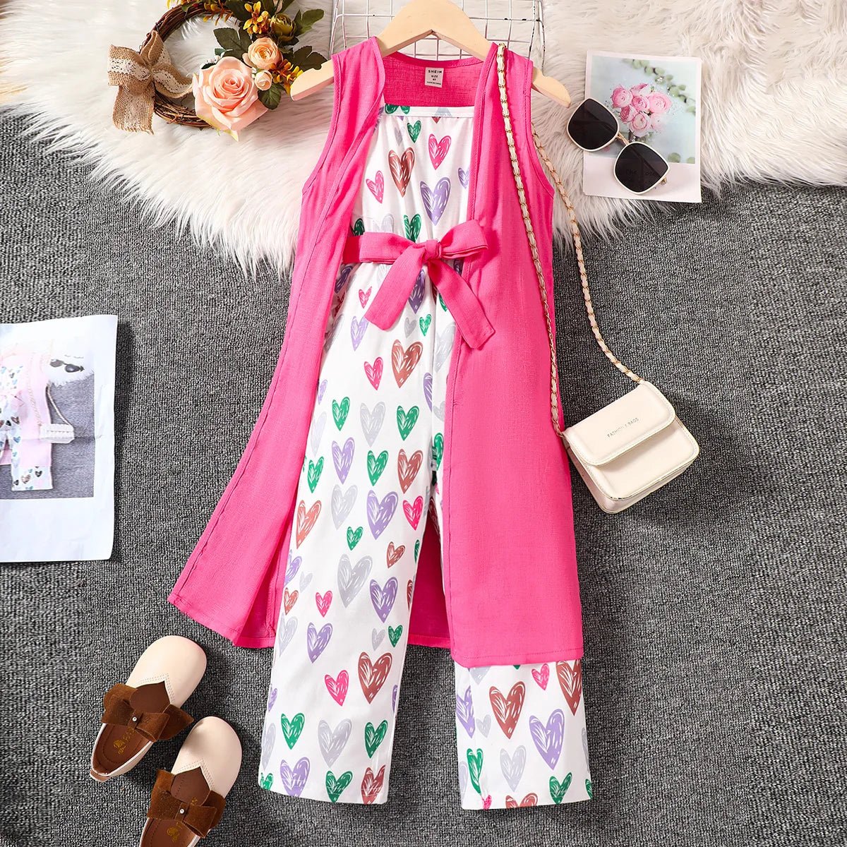 2PCS Spring And Autumn Girls Set Round Neck Sleeveless Heart Bow Jumpsuit Pink Coat Fashion KidsPink5Y