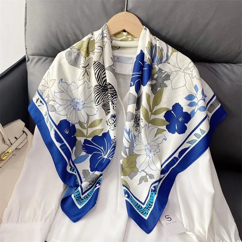 90*90cm Women's Square Silk Satin Polyester Scarf Flower Printed Shawls Hijab Four Seasons Bandanna90x90cmBlue