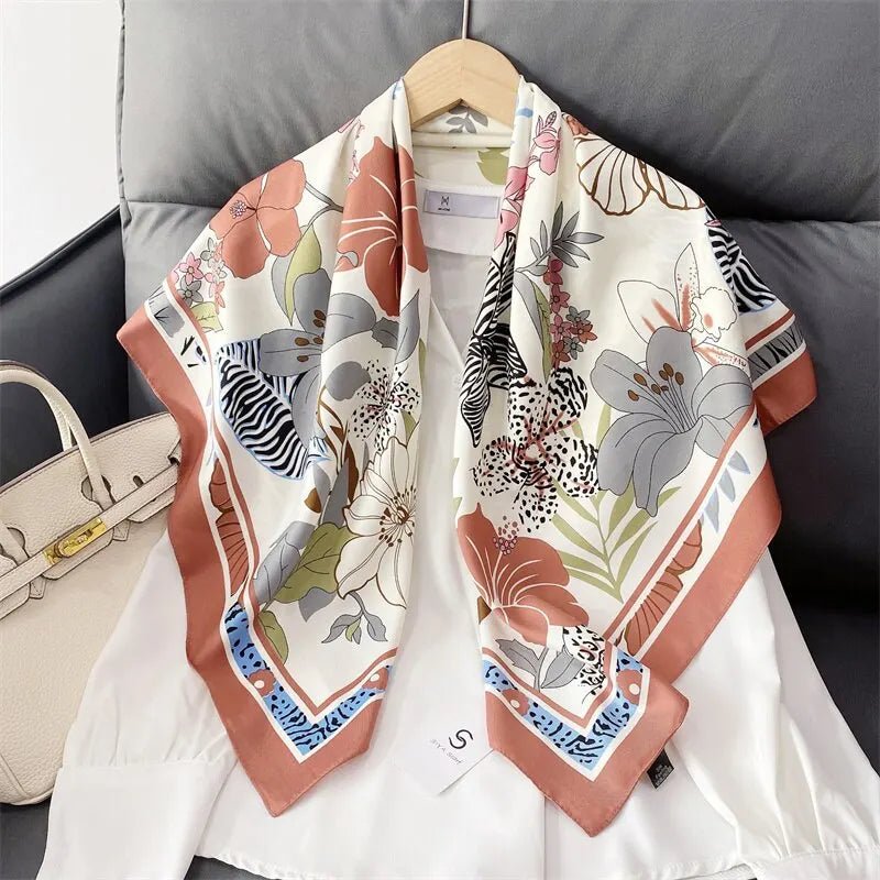 90*90cm Women's Square Silk Satin Polyester Scarf Flower Printed Shawls Hijab Four Seasons Bandanna90x90cmPink