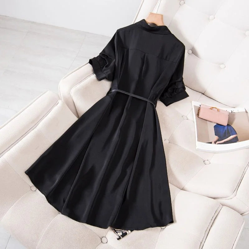 Female Design Sense Waist Show Thin Medium Length Dress A-line Skirt Women's 2023 Spring And Autumn New Meat Covered Shirt Dress