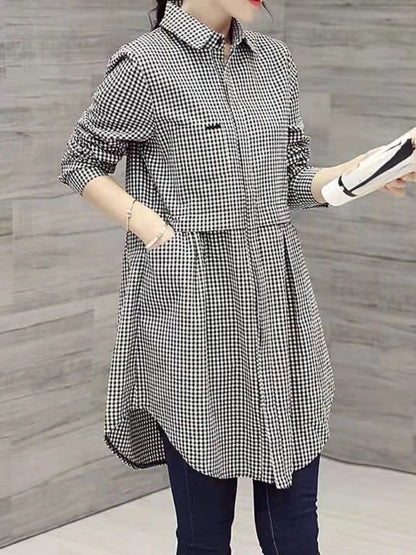 All - match Button Solid Midi Autumn Blouse for Female 2023 Korean Fashion Spliced Shirt Loose Long Sleeve Winter Polo - Neck ShirtSmall gridXXXL