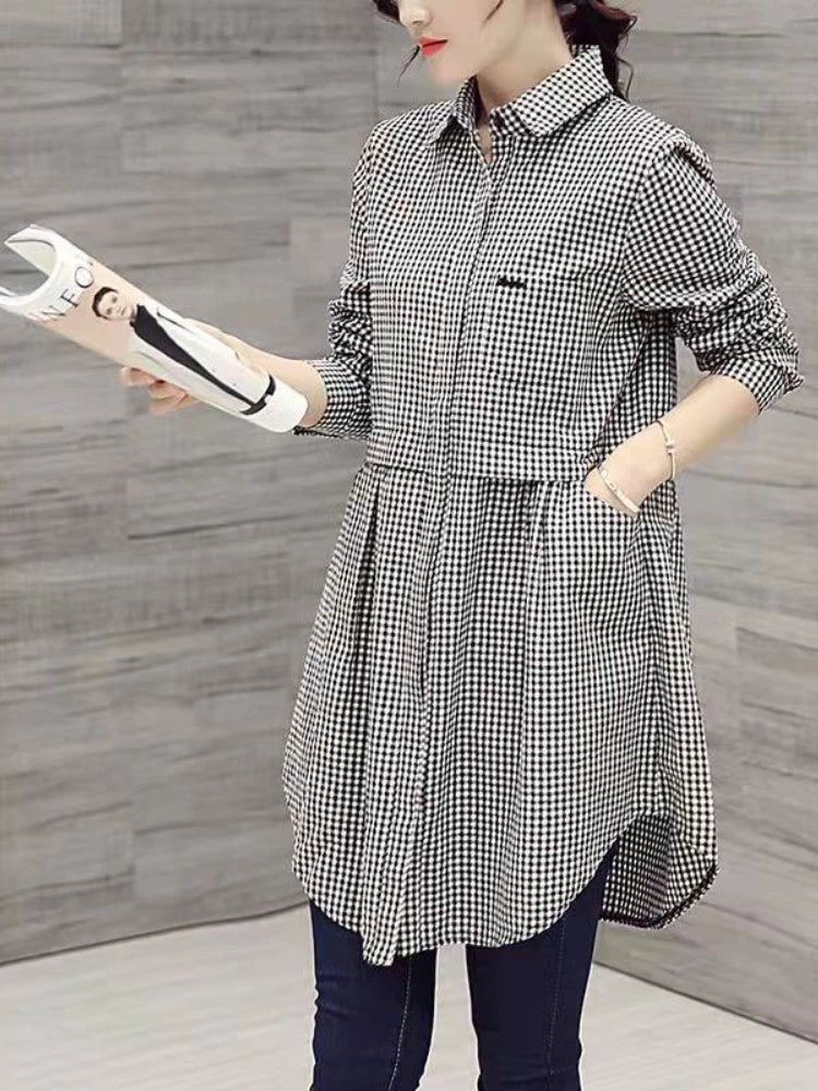 All - match Button Solid Midi Autumn Blouse for Female 2023 Korean Fashion Spliced Shirt Loose Long Sleeve Winter Polo - Neck ShirtSmall gridXXXL