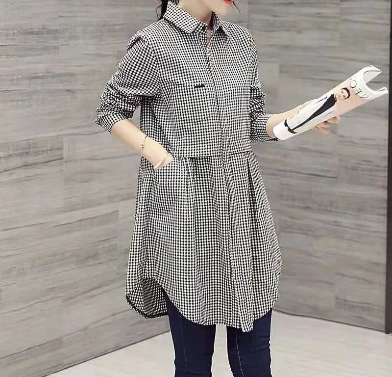 All - match Button Solid Midi Autumn Blouse for Female 2023 Korean Fashion Spliced Shirt Loose Long Sleeve Winter Polo - Neck ShirtSmall gridXXXL