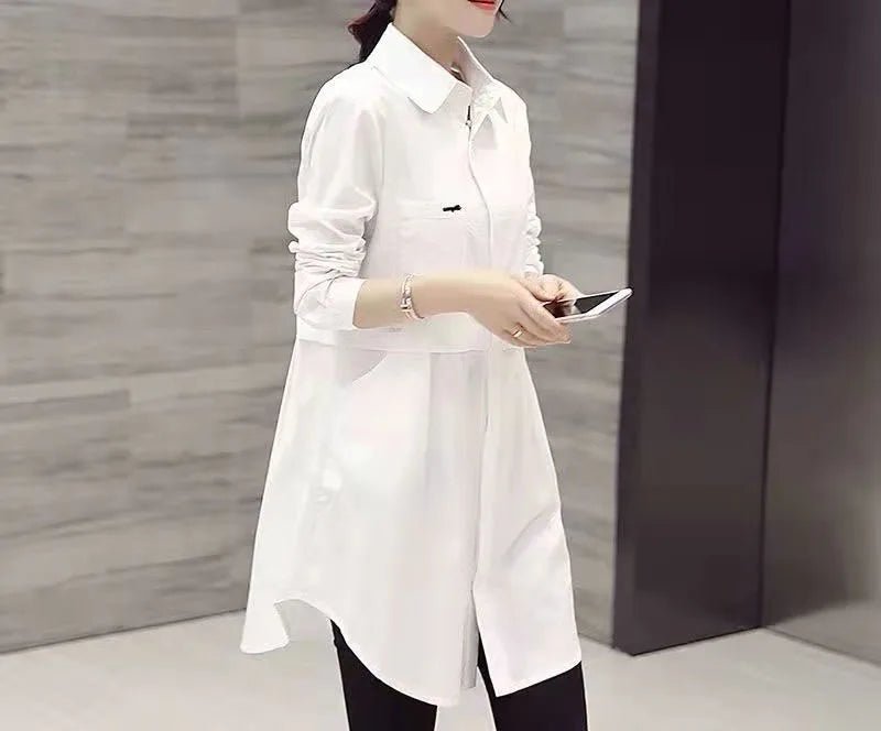 All - match Button Solid Midi Autumn Blouse for Female 2023 Korean Fashion Spliced Shirt Loose Long Sleeve Winter Polo - Neck ShirtWHITEXL