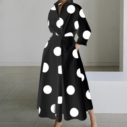 Autumn Dress Long Sleeve Dot Print Elegant Maxi Dresses For Women 2024 White Casual V Neck Shirt Party Long Dress Robe FemmeDot - Black2XL