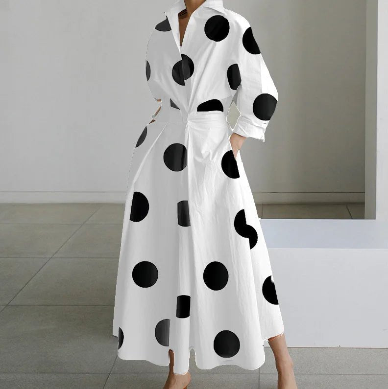 Autumn Dress Long Sleeve Dot Print Elegant Maxi Dresses For Women 2024 White Casual V Neck Shirt Party Long Dress Robe FemmeDot - whiteM