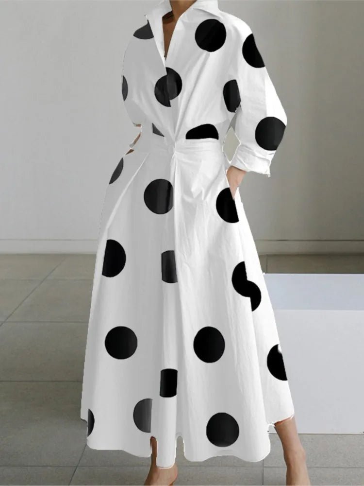 Autumn Dress Long Sleeve Dot Print Elegant Maxi Dresses For Women 2024 White Casual V Neck Shirt Party Long Dress Robe FemmeLetter2XL