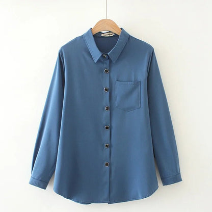 Autumn Women Shirts Ladies Solid Satin Tops Female Long Sleeve Blouses Loose Plus Size Clothing F32 F196Blue4XL