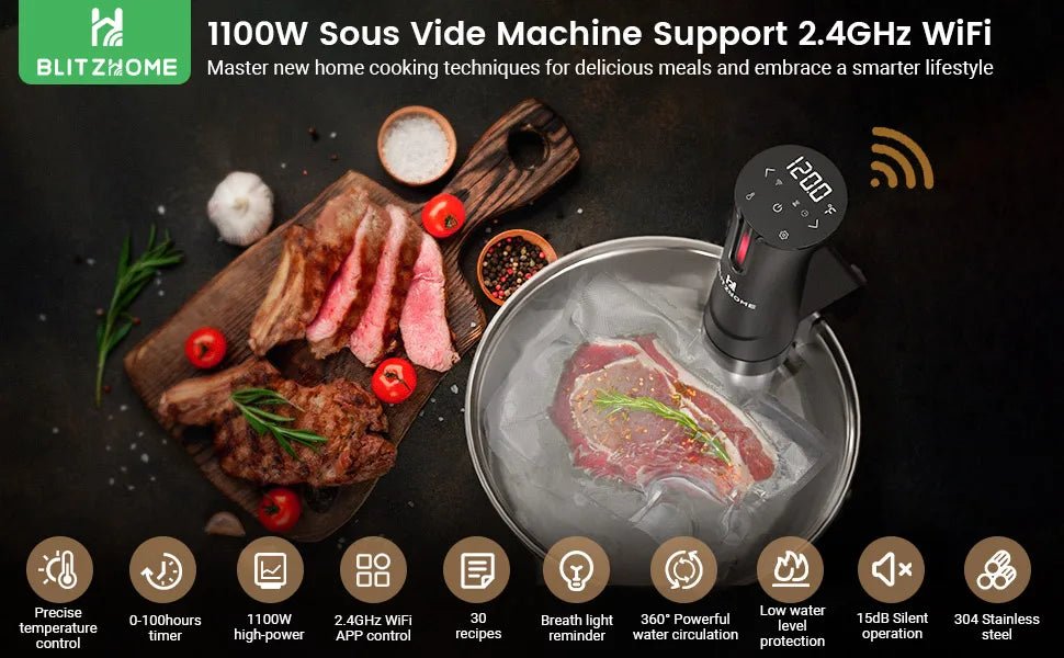 Blitzhome Sous Vide Cooker 1100W Home - appliance Monsieur Cuisine Smart Slow Cooker with LCD Digital Accurate ControlWiFi ModeusUnited States