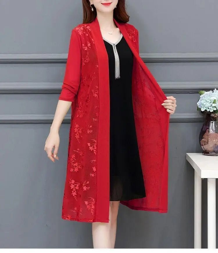 Commute Gauze Jacquard Weave Open Stitch Spring Summer Casual Long Sleeve Women's Clothing Stylish Spliced Straight Midi BlouseClaret5XL