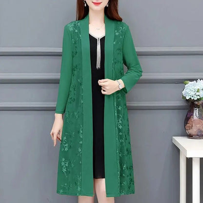 Commute Gauze Jacquard Weave Open Stitch Spring Summer Casual Long Sleeve Women's Clothing Stylish Spliced Straight Midi BlouseClaret5XL