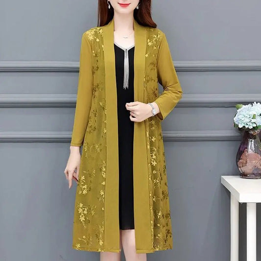 Commute Gauze Jacquard Weave Open Stitch Spring Summer Casual Long Sleeve Women's Clothing Stylish Spliced Straight Midi BlouseClaret5XL