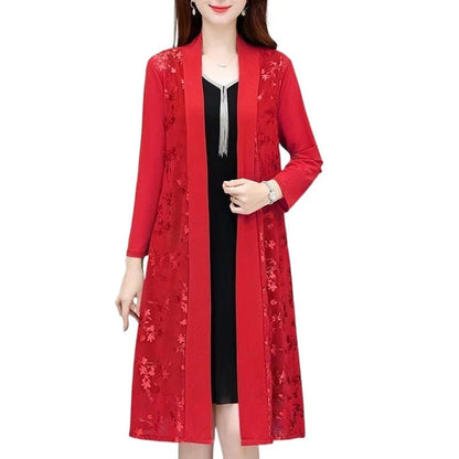 Commute Gauze Jacquard Weave Open Stitch Spring Summer Casual Long Sleeve Women's Clothing Stylish Spliced Straight Midi BlouseClaret5XL