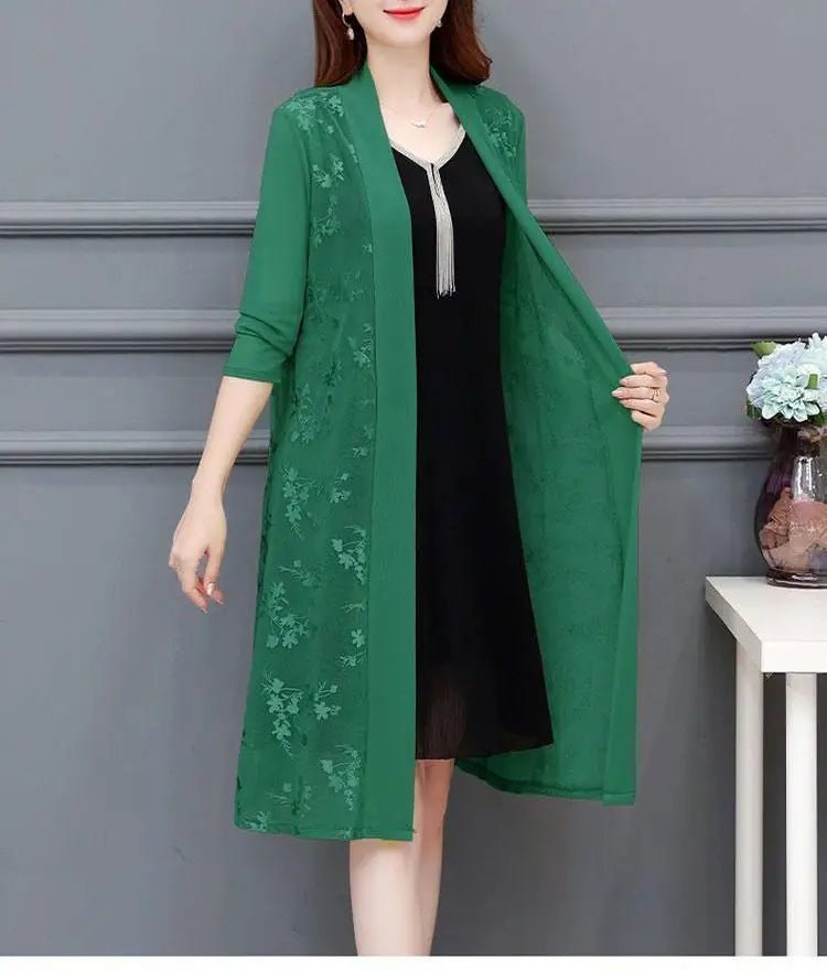 Commute Gauze Jacquard Weave Open Stitch Spring Summer Casual Long Sleeve Women's Clothing Stylish Spliced Straight Midi Blousegreen5XL