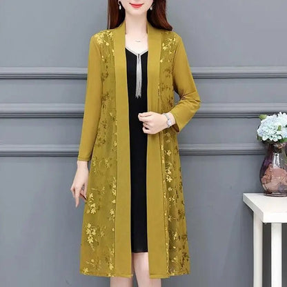 Commute Gauze Jacquard Weave Open Stitch Spring Summer Casual Long Sleeve Women's Clothing Stylish Spliced Straight Midi BlouseYellow5XL