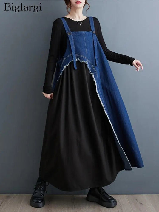 Denim Patchwork Spring Autumn Long Sundress Women Fashion Ruffle Pleated Ladies Dresses Casual Oversized Loose Woman DressBlue DressOne Size