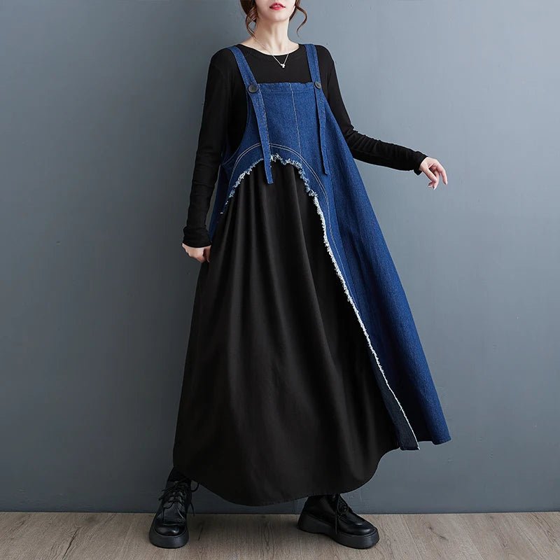 Denim Patchwork Spring Autumn Long Sundress Women Fashion Ruffle Pleated Ladies Dresses Casual Oversized Loose Woman DressBlue DressOne Size