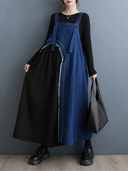 Denim Patchwork Spring Autumn Long Sundress Women Fashion Ruffle Pleated Ladies Dresses Casual Oversized Loose Woman DressBlue DressOne Size